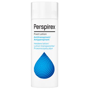 Perspirex Foot Lotion antyperspirant do stóp w białej butelce z niebieskim logo kropli, widok z przodu.