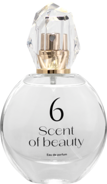 Okrągła butelka Scent of beauty N°6 damska woda perfumowana, z numerem 6, złoty atomizer i fasetowana nakrętka.