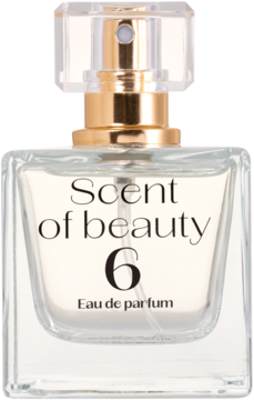 Scent of beauty 6 Eau de parfum, elegancka prostokątna butelka z atomizerem i złotymi detalami.