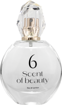 Scent of Beauty No. 6 Eau de Parfum, okrągła butelka z przezroczystego szkła, krystaliczny korek, widok z przodu.