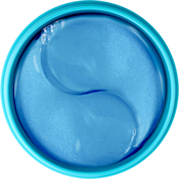 Isana Hydrożelowe płatki pod oczy, błękitne, w turkusowym słoiczku, widok z góry, z kwasem hialuronowym.