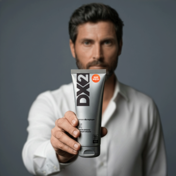 Mężczyzna trzyma szampon DX2 przeciw siwieniu ciemnych włosów, szara tubka z pomarańczowymi detalami, zbliżenie.