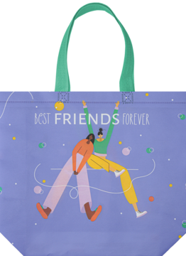 Liliowa torba na zakupy z motywem "Best Friends Forever", grafika dwóch przyjaciółek, widok z przodu.