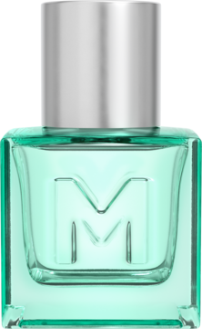 MEXX Summer Daydream, woda toaletowa dla mężczyzn w zielonym kwadratowym flakonie z literą M, widok z przodu.
