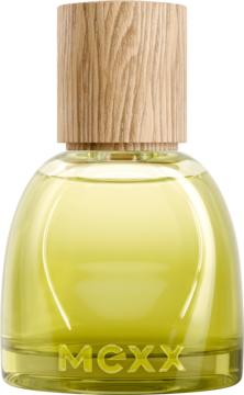 MEXX Inspired Nature woda perfumowana, organiczna szklana butelka z żółtym płynem, drewniany korek, widok z przodu.
