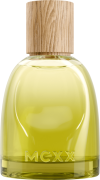 Woda perfumowana MEXX Inspired Nature dla niej. Organiczny szklany flakon z żółtym płynem i drewnianą nakrętką, zbliżenie.