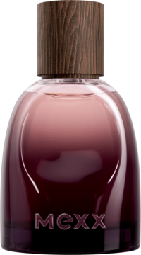 MEXX Inspired Warmth męska woda perfumowana drzewno-ambrowa, flakon z drewnianym korkiem, gradient fioletu, front.