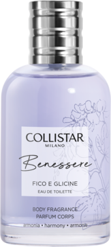 Fioletowy flakon Collistar Benessere Fico E Glicine EDT, lawendowy płyn, srebrna nakrętka. Widok frontalny z grafiką roślin.