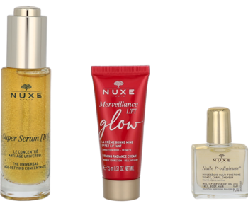 Zestaw Nuxe Paris: złote serum Super Serum, czerwony krem Merveillance Lift, suchy olejek Huile Prodigieuse, front.