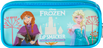 Turkusowa kosmetyczka Lip Smacker Frozen dla dzieci, z Anną i Elsą. Logo Frozen, zamek błyskawiczny.