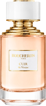 Boucheron Cuir de Venise EDP: luksusowa butelka z jasnym płynem, złotymi detalami i białym korkiem, widok z przodu.