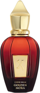 Perfumy Xerjoff Golden Moka Coffee Break: czerwona butelka ze złotą etykietą i nakrętką, widok z przodu.