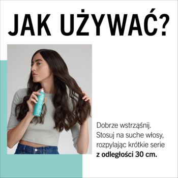 Kobieta stylizuje włosy sprayem Schwarzkopf Taft Aloe Boost. Obok instrukcja użycia dla objętości i tekstury.