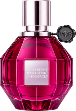 Flakon perfum Viktor&Rolf Flowerbomb Ruby Orchid, fasetowany, rubinowo-różowy, widok z przodu, z czarną zawieszką.