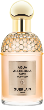 Woda perfumowana Guerlain Aqua Allegoria Forte Oud Yuzu, bursztynowa butelka z przezroczystą podstawą i złotą, miodową siatką.