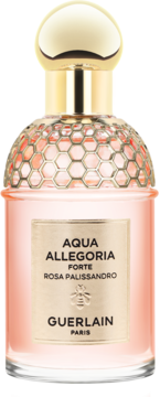 Różowa woda perfumowana Guerlain Aqua Allegoria Forte Rosa Palissandro, butelka ze złotym korkiem i pszczelim wzorem.