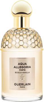 Damska woda perfumowana Guerlain Aqua Allegoria Forte Bosca Vanilla, butelka ze złotym korkiem, wzorem plastra miodu, przód.