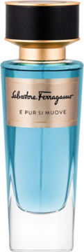 Woda perfumowana Salvatore Ferragamo E Pur Si Muove unisex, błękitna butelka z czarno-złotą zakrętką, widok z przodu.