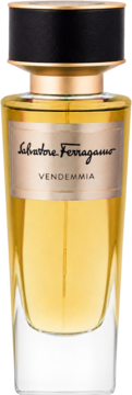 Woda perfumowana Salvatore Ferragamo Vendemmia, bursztynowy płyn w szklanej butelce, czarna nakrętka. Widok z przodu. Unisex.