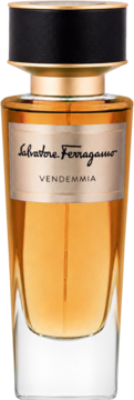 Woda perfumowana Salvatore Ferragamo Vendemmia. Elegancka butelka z bursztynowym płynem, złotą etykietą i czarną zakrętką, widok z przodu.