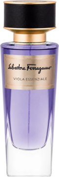 Salvatore Ferragamo Viola Essenziale, fioletowa woda perfumowana unisex, butelka z czarno-złotą nakrętką, widok z przodu.