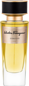 Salvatore Ferragamo Convivio woda perfumowana, butelka z żółtym płynem, czarną nakrętką i złotą etykietą, widok z przodu.