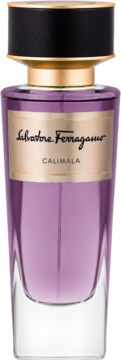 Salvatore Ferragamo Calimala woda perfumowana unisex, fioletowa butelka ze złotą etykietą i czarną zakrętką, widok z przodu.