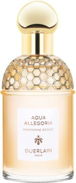 Guerlain Aqua Allegoria Mandarine Basilic woda toaletowa, butelka z miodowym wzorem, złota zakrętka, widok z przodu.