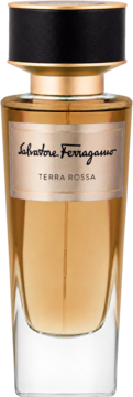 Salvatore Ferragamo Terra Rossa woda perfumowana unisex. Bursztynowy flakon z czarną zakrętką, z przodu.