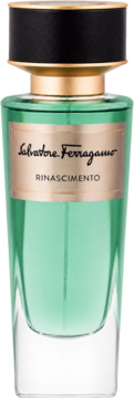 Salvatore Ferragamo Rinascimento, zielony flakon perfum z czarno-złotą nakrętką, widok z przodu.