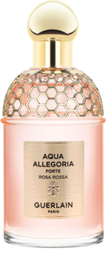Guerlain Aqua Allegoria Forte Rosa Rossa, różowa butelka wody perfumowanej ze złotą nakrętką, wzór plastra miodu.