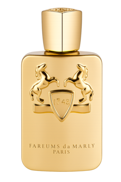 Złota woda perfumowana Parfums de Marly Godolphin, butelka z wytłoczonym herbem z dwoma końmi i nazwą marki, widok z przodu.