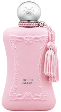 Jasnoróżowa butelka Delina Exclusif, woda perfumowana dla kobiet, z ozdobnym chwostem i srebrną nakrętką. Widok z przodu.