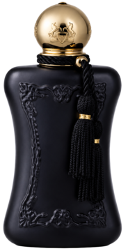 Woda perfumowana Athalia Parfums de Marly. Matowa czarna butelka z barokowym wzorem, złotym korkiem i czarnym chwostem. Ujęcie frontalne.
