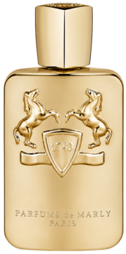 Parfums de Marly Godolphin, złota butelka perfum męskich, z reliefowym herbem i napisem '1743', widok z przodu.
