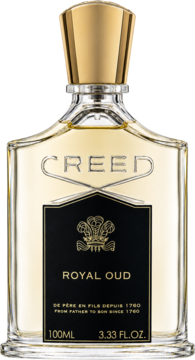 Creed Royal Oud unisex EDP 100ml, luksusowa butelka z klarownego szkła ze złotym korkiem, czarna etykieta.