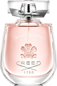 Creed Wind Flowers EDP, owalna butelka z różowym płynem, przezroczysty korek i srebrna kokardka, widok z przodu.