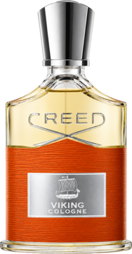 Creed Viking Cologne, męska woda perfumowana w szklanym flakonie z pomarańczową fakturą, srebrną etykietą i korkiem, widok z przodu.