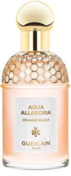 Guerlain Aqua Allegoria Orange Soleia, woda toaletowa, butelka z pomarańczowym płynem, złotym korkiem i wzorem plastra miodu.