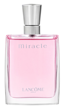 Lancôme Miracle, różowa butelka damskiej wody perfumowanej, srebrna nakrętka, widok z przodu.