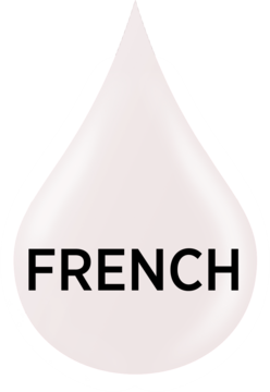Ikona: jasna, perłowa kropla z czarnym napisem FRENCH, symbolizująca odcień french odżywki Eveline.