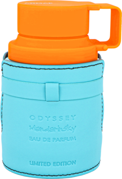 Armaf Odyssey Mandarin Sky, męska woda perfumowana. Turkusowa butelka w etui z pomarańczową nakrętką, widok z przodu.