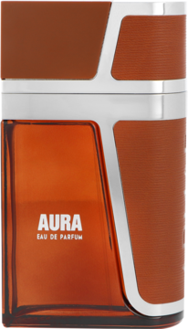 Armaf Aura Eau De Parfum dla mężczyzn, bursztynowa butelka ze srebrnymi detalami, widok z przodu.