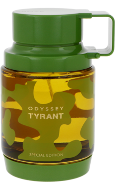 Męska woda perfumowana Armaf Odyssey Tyrant, zielono-bursztynowa butelka z uchwytem i moro, widok z przodu.