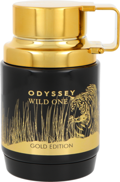Armaf Odyssey Wild One Gold Edition, męska woda perfumowana. Czarno-złota butelka z tygrysem, widok z przodu.