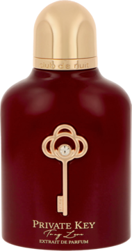 Perfumy unisex Club de Nuit Private Key To My Love w matowej bordowej butelce ze złotym kluczem, widok z przodu.