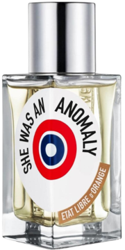 Woda perfumowana Etat Libre D'Orange She Was An Anomaly, butelka z jasnym płynem, srebrny korek, biała etykieta z logo w formie kokardy.