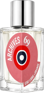 Etat Libre D'Orange Archives 69, orientalne perfumy w szklanej butelce z koralową etykietą "69" i logo celu, widok z przodu.