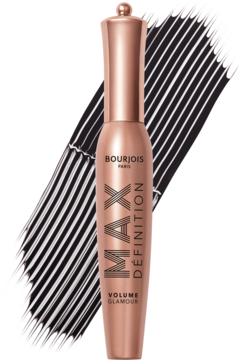 Bourjois Volume Glamour Max Definition tusz, różowo-złota tuba, widok z przodu, na tle czarnych smug tuszu.