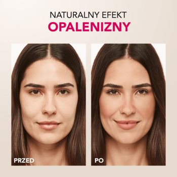 Kobieta przed i po nałożeniu bronzera Bourjois, prezentująca naturalny efekt opalenizny i konturowania.